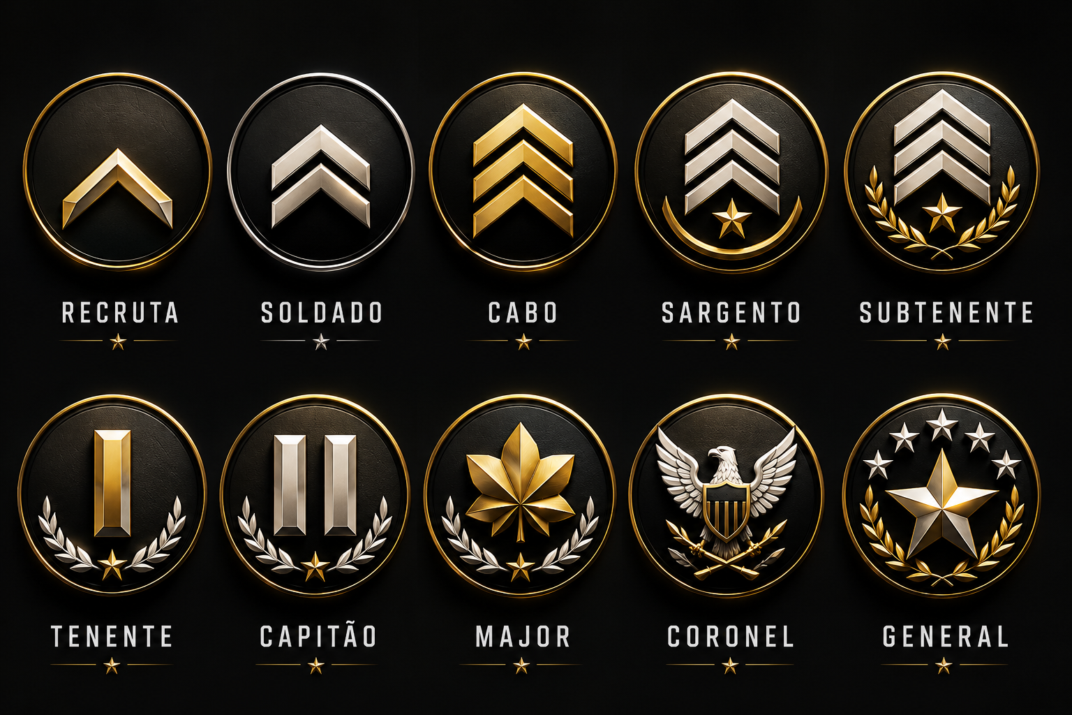 Progressão de patentes da Ordem Brutal: Recruta, Soldado, Cabo, Sargento, Subtenente, Tenente, Capitão, Major, Coronel e General